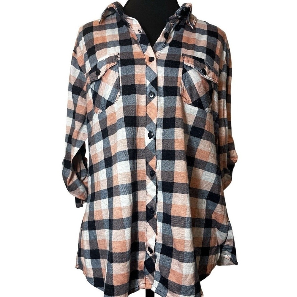 Eden & Olivia Women's Size L Plaid Button Down Shirt Roll Tab Sleeve Peach Black